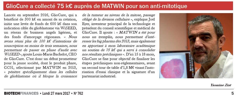 GlioCure a collecté 75 K€ auprès de MATWIN pour son anti-mitotique